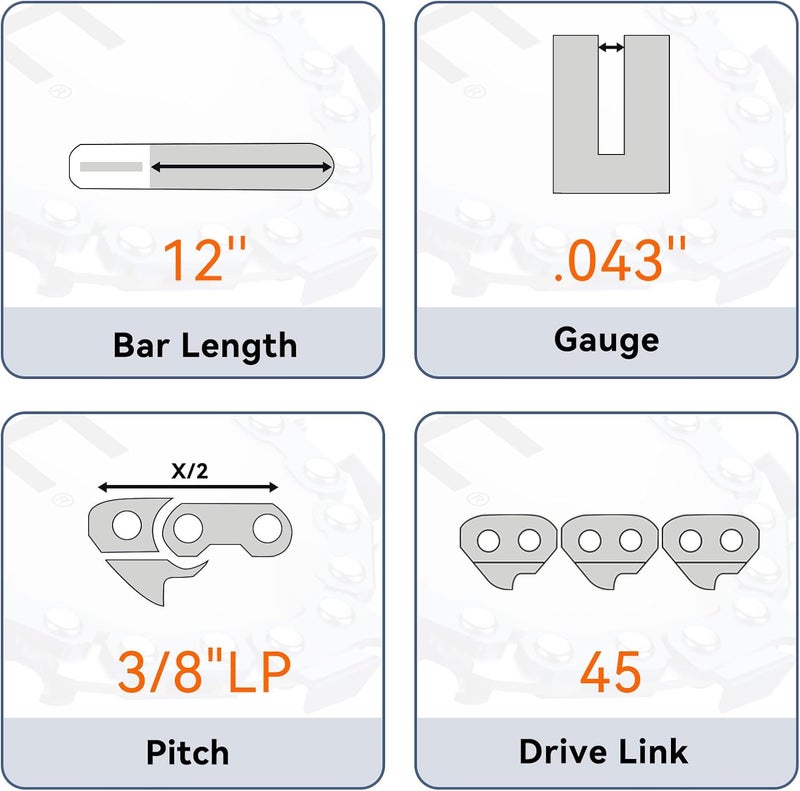NEO-TEC 12 Inch Chainsaw Chain, 3/8"LP Pitch,0.043" Gauge 45 Drive Links R45 Chain Fits for Dewalt Craftsman Makita and more（3chains） - Image 2
